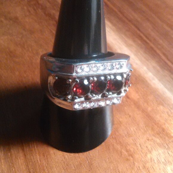 Men's Garnet and White Crystal Stainless Steel Ring (Size 10) - Picture 3 of 8